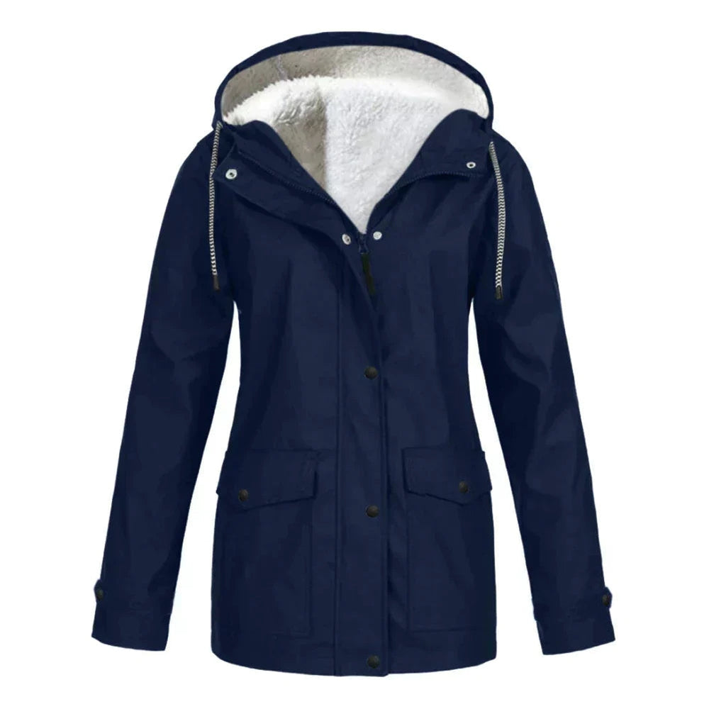 Women's Fleece-Lined Waterproof Rain Jacket with Hood and Flap Pockets