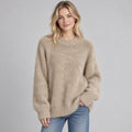 Women's Fluffy Knit Sweater with Round Neck and Ribbed Cuffs