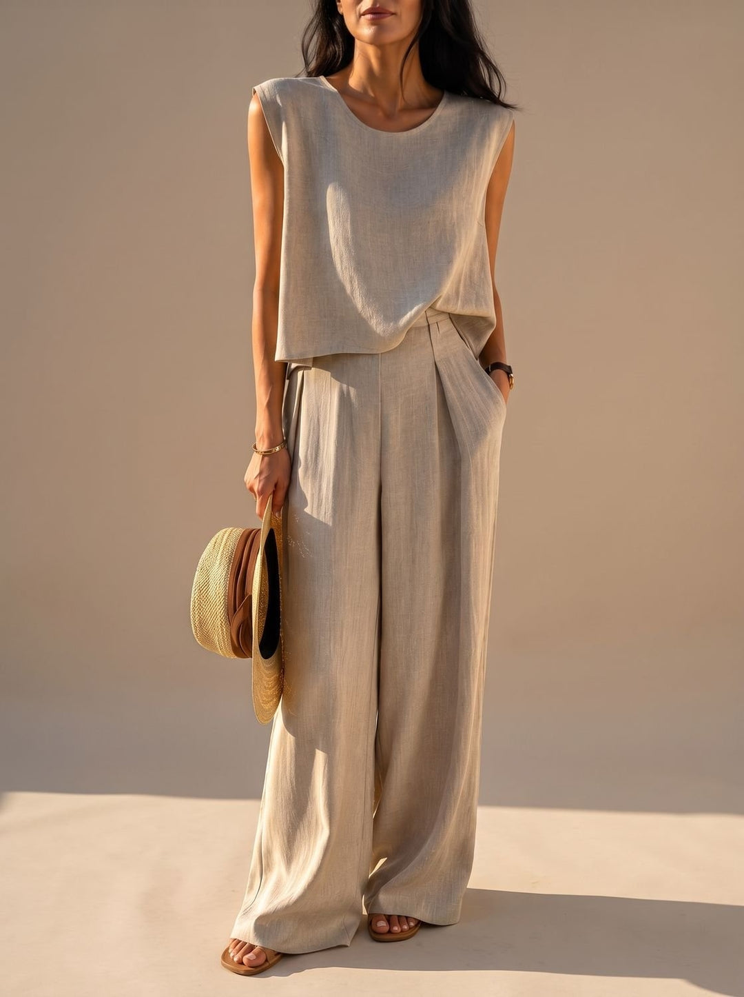 Women's Linen-Blend Wide-Leg Pants and Sleeveless Top Two-Piece Set