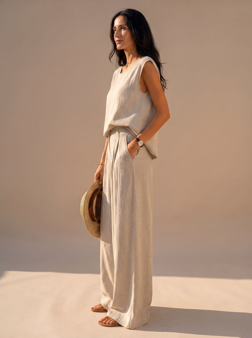 Women's Linen-Blend Wide-Leg Pants and Sleeveless Top Two-Piece Set