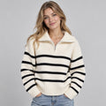 Women's Loose Striped Half Zip Sweater with Funnel Neck and Raglan Sleeves