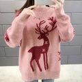 Women's Oversized Christmas Sweater with Reindeer Print and Ribbed Cuffs