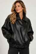 Women's Oversized Faux Leather Jacket with Stand Collar and Zip Front