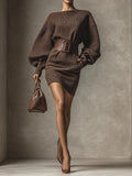 Women's Oversized Knit Sweater Dress with Boat Neck and Wide Belt