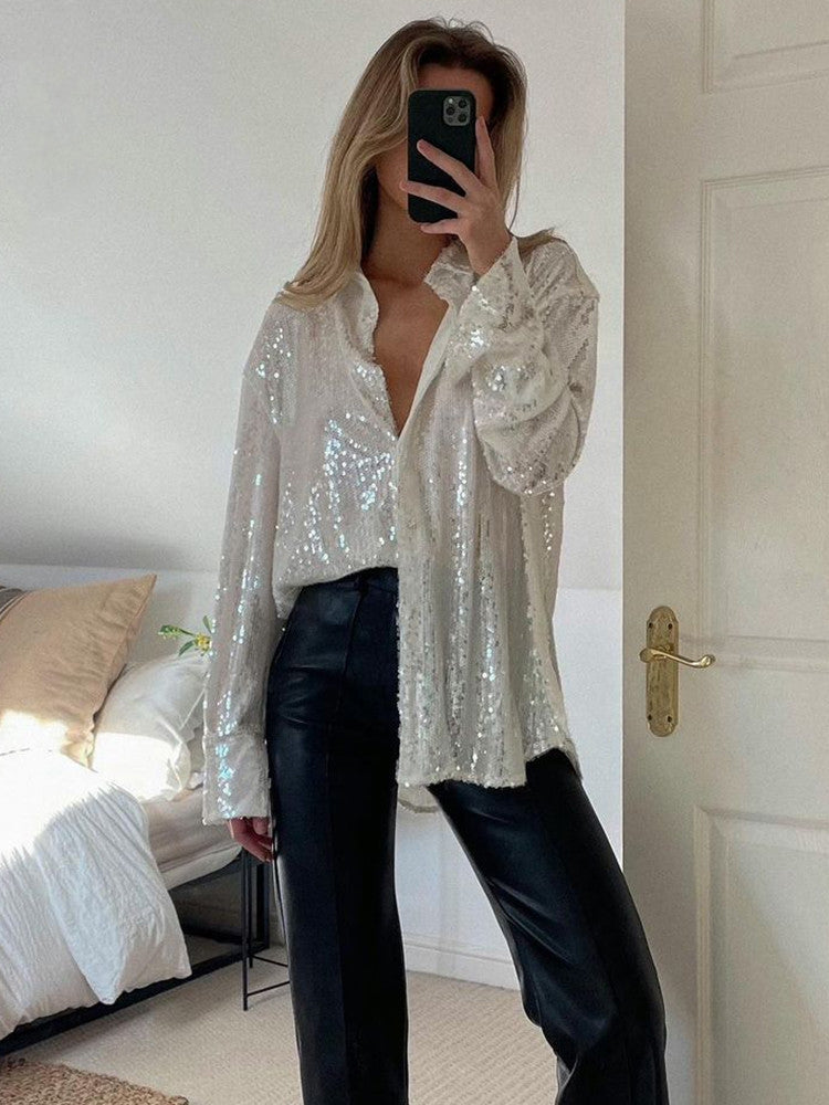 Women's Oversized Sequin Blouse with Button Front and Collar