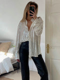Women's Oversized Sequin Blouse with Button Front and Collar