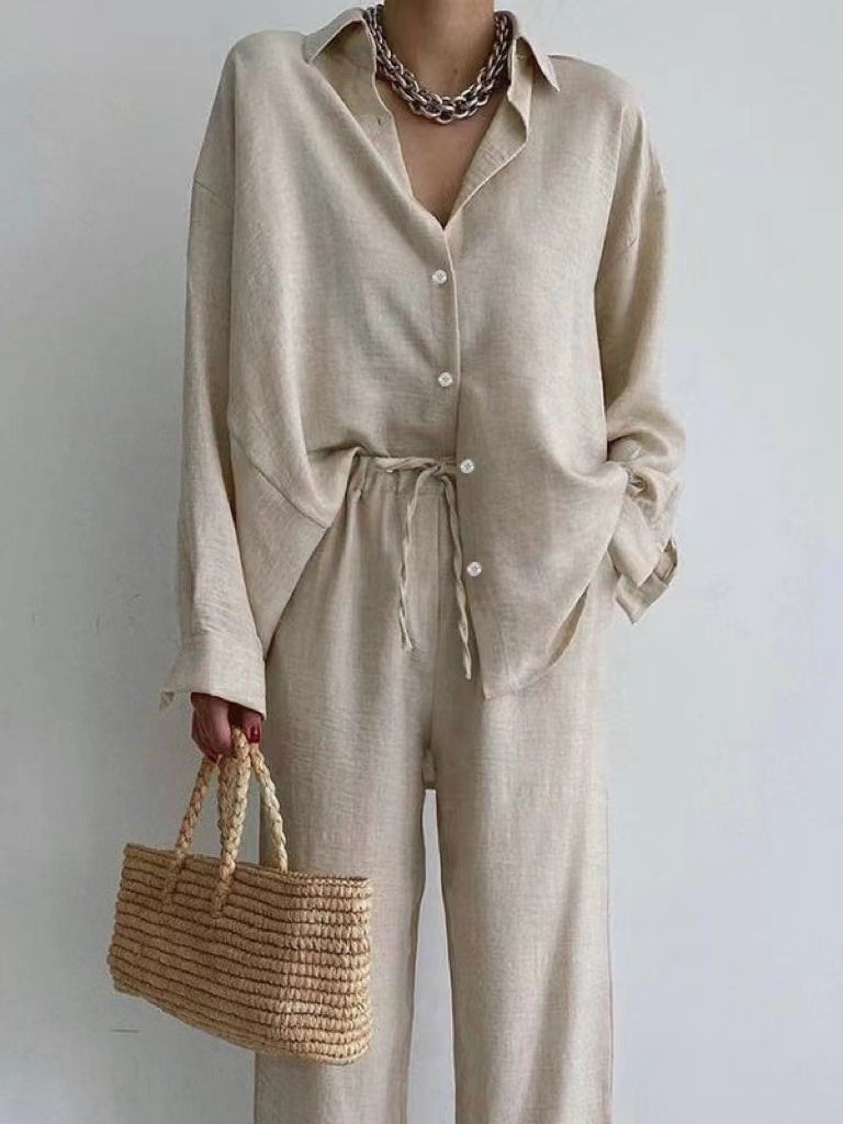 Women's Oversized Two Piece Set with Button Shirt and Wide-Leg Pants