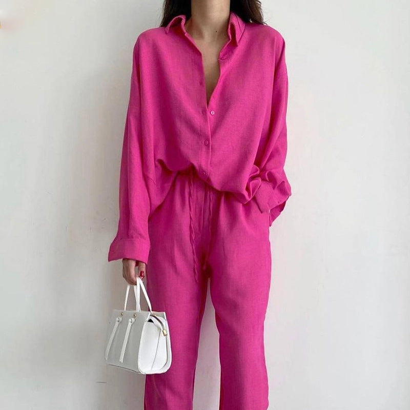 Women's Oversized Two Piece Set with Button Shirt and Wide-Leg Pants