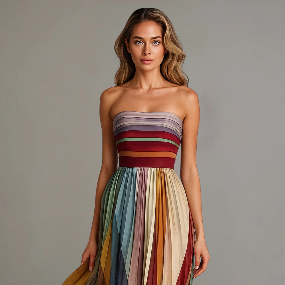 Women's Pleated Strapless Maxi Dress with Fitted Bodice and Paneled Skirt
