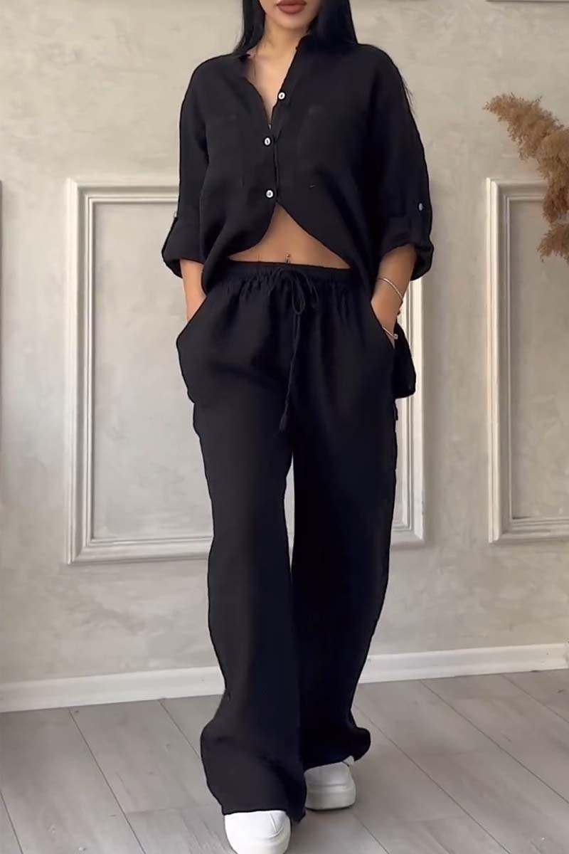 Women's Relaxed Cotton Linen Two Piece Set with Button Shirt and Wide-Leg Pants