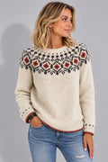 Women's Relaxed Fair Isle Pullover Sweater with Crew Neck and Ribbed Cuffs