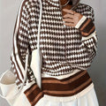 Women's Relaxed Houndstooth Knit Cardigan with Zip Front and Stand Collar