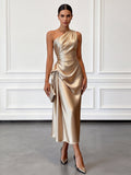 Women's Ruched Satin Wedding Guest Midi Dress with One-Shoulder Neckline