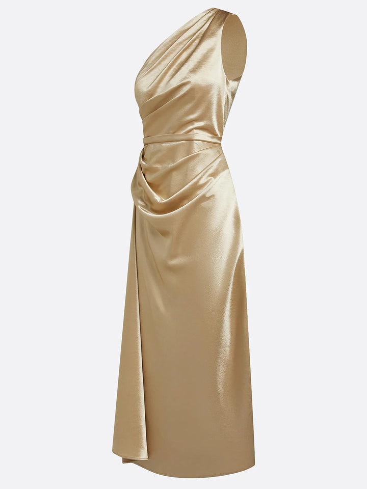Satin one-shoulder ruched midi dress in gold, angled side view