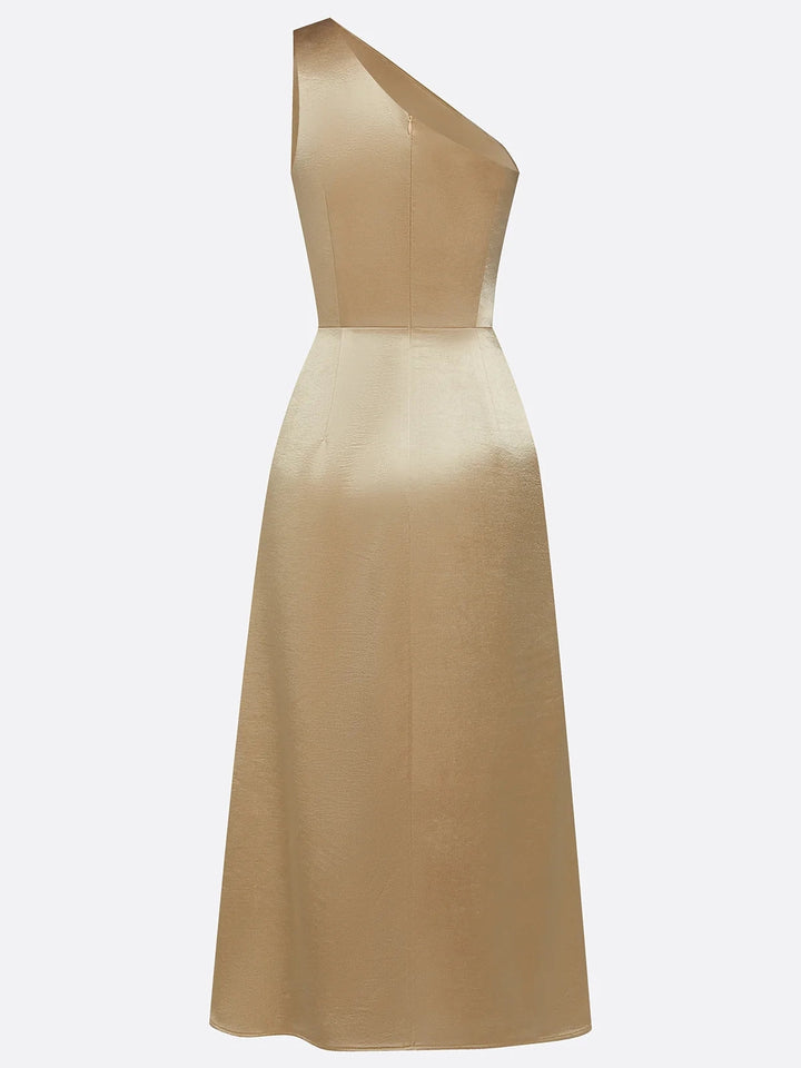 Gold satin ruched midi dress – angled back view