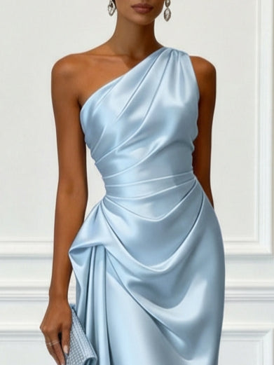 Light blue satin one shoulder ruched midi dress – bodice close up