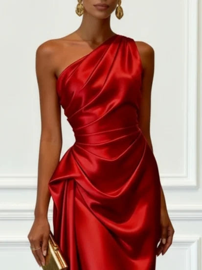 Red satin one shoulder ruched midi dress – bodice close up