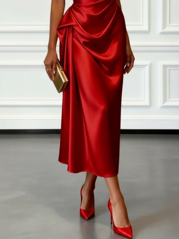 Red satin one shoulder ruched midi dress – skirt detail close up