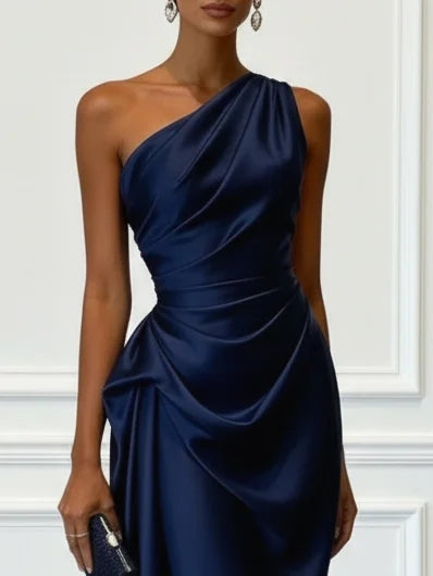 Navy satin one shoulder ruched midi dress – bodice close up
