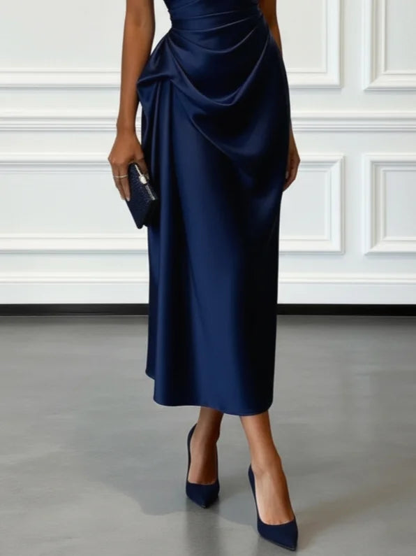 Navy satin one shoulder ruched midi dress – skirt detail close up