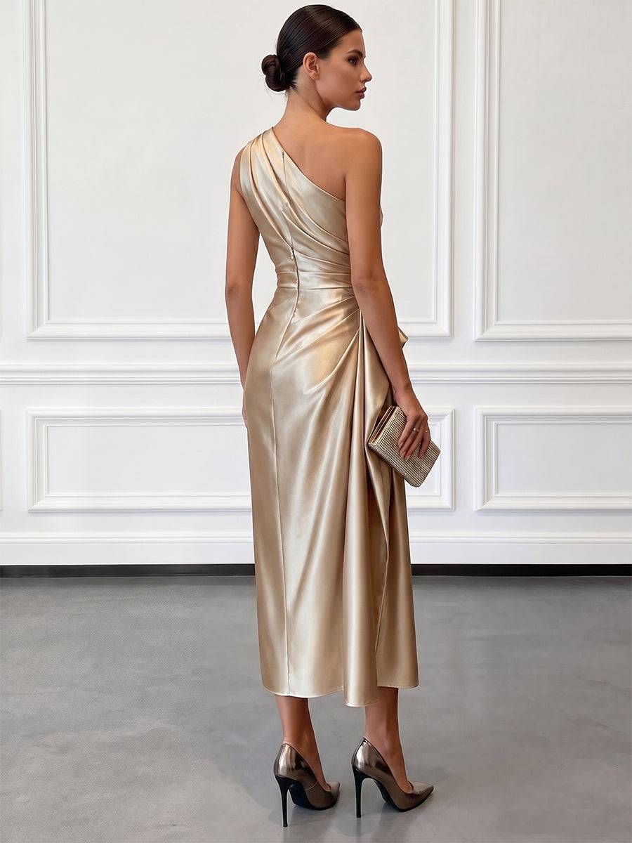 Satin one-shoulder ruched midi dress, side detail view