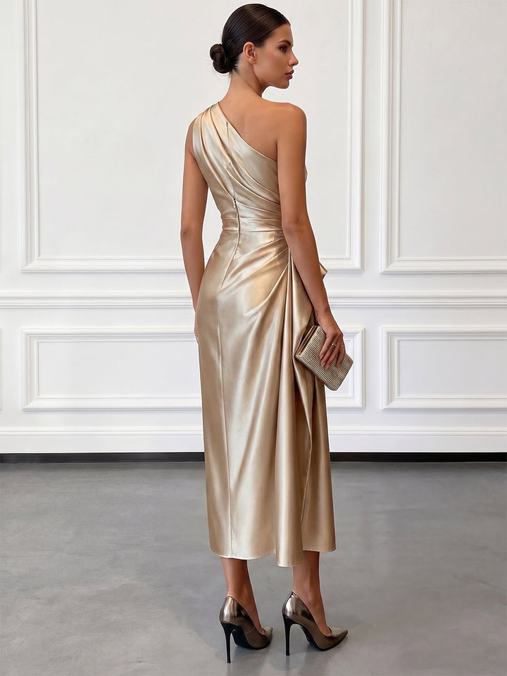 Satin one-shoulder ruched midi dress, side detail view