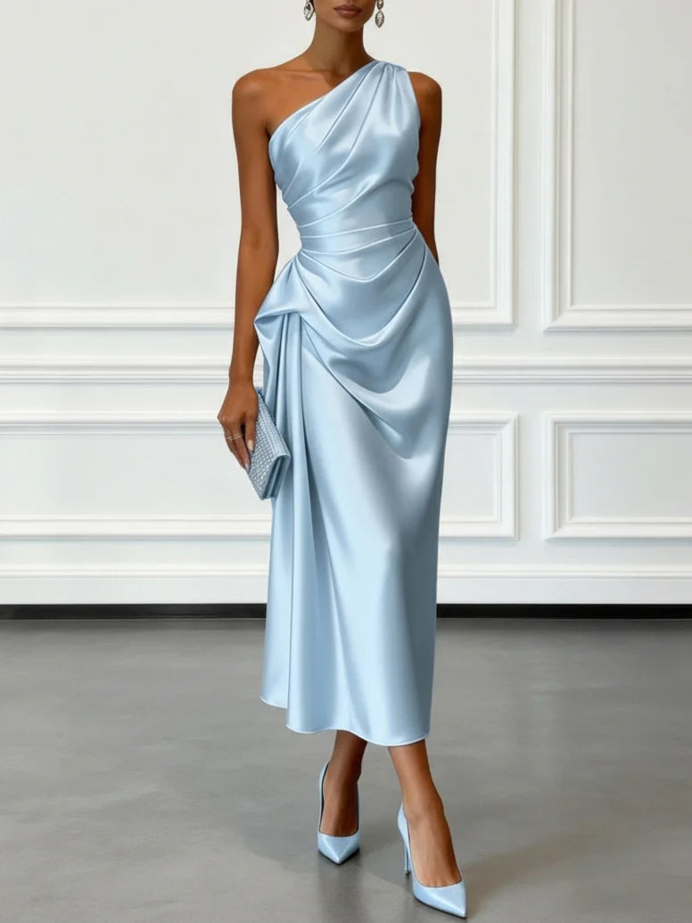 Satin one-shoulder ruched midi dress in light blue, front view