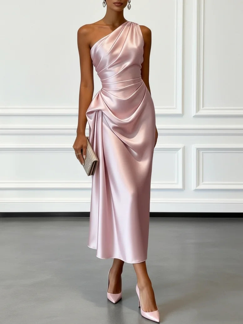 Satin one-shoulder ruched midi dress in pink, front view