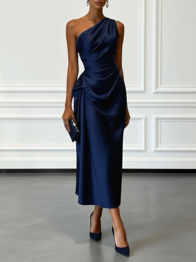 Satin one-shoulder ruched midi dress in blue, front view