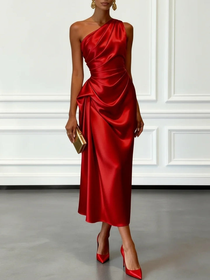 Satin one-shoulder ruched midi dress in red, front view
