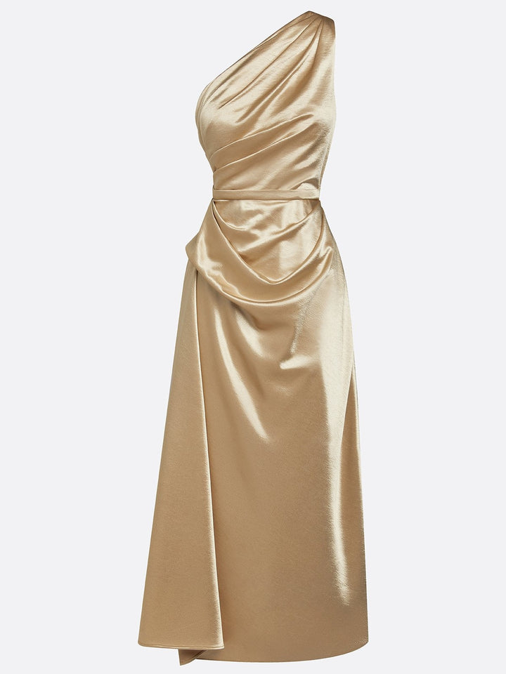 Satin one-shoulder midi dress showing fabric drape detail