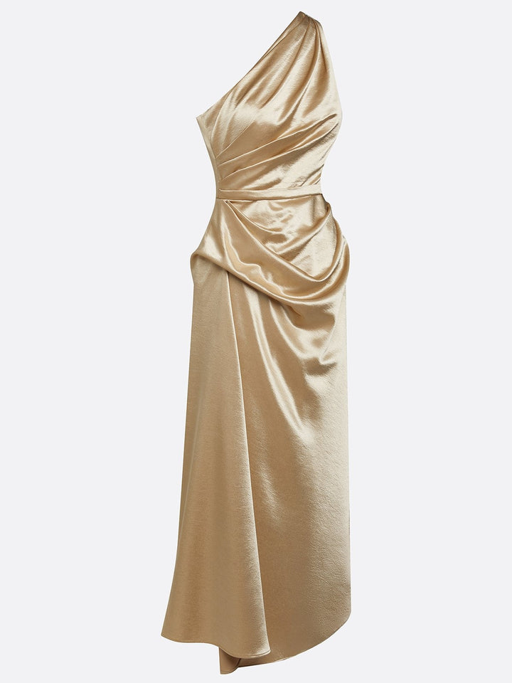 Satin one-shoulder ruched midi dress in gold, full length view
