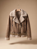 Women's Shearling-Lined Cropped Moto Jacket with Belt and Zip Pockets