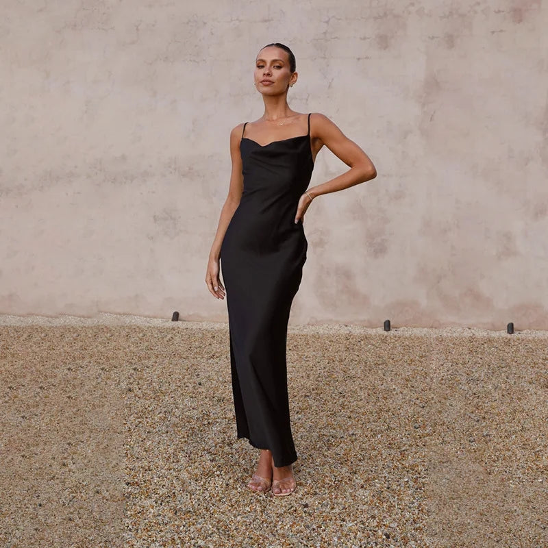 Women's Slim Satin Maxi Dress with Open Back and Adjustable Straps