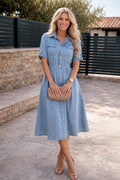 Women's Soft Denim Midi Dress with Button Front and Side Pockets
