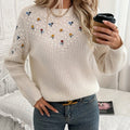 Women's Soft Floral Embroidered Knit Sweater with Crew Neck and Ribbed Cuffs