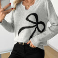 Women's Soft Knit Bow Sweater with Scalloped V-Neck and Ribbed Cuffs