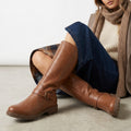Women's Sturdy Knee High Boots with Inside Zip and Ankle Buckle Strap