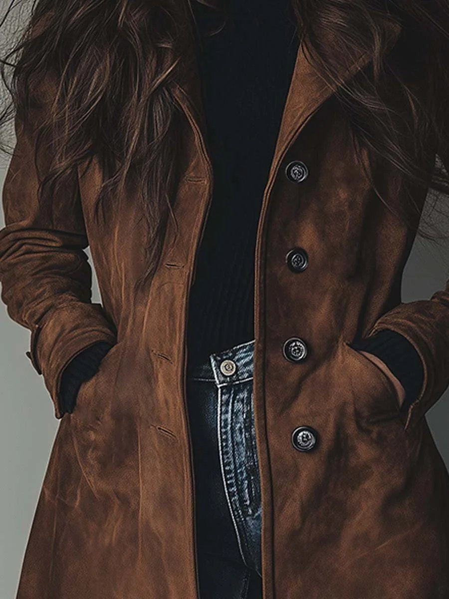 Women's Suede-Effect Tailored Button Front Long Coat - View 2