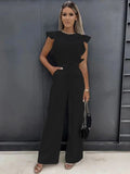 Women's Wide Leg Jumpsuit with Ruffle Sleeves and Tie Waist