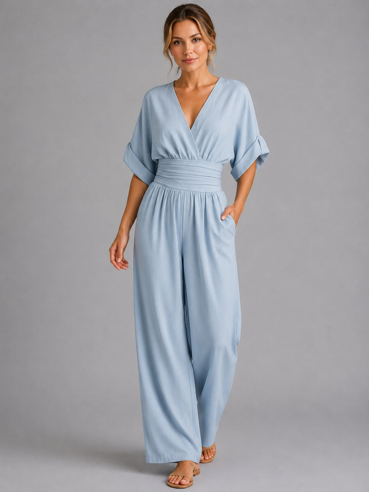 Cinched waist wide-leg jumpsuit, back view full length