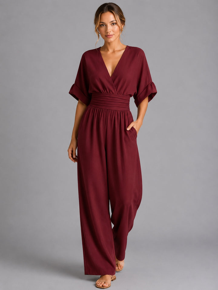 Cinched waist wide-leg jumpsuit, waist cinch detail close-up
