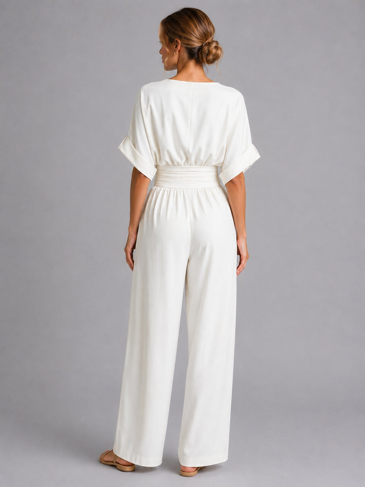 Cinched waist wide-leg jumpsuit, full-length rear view